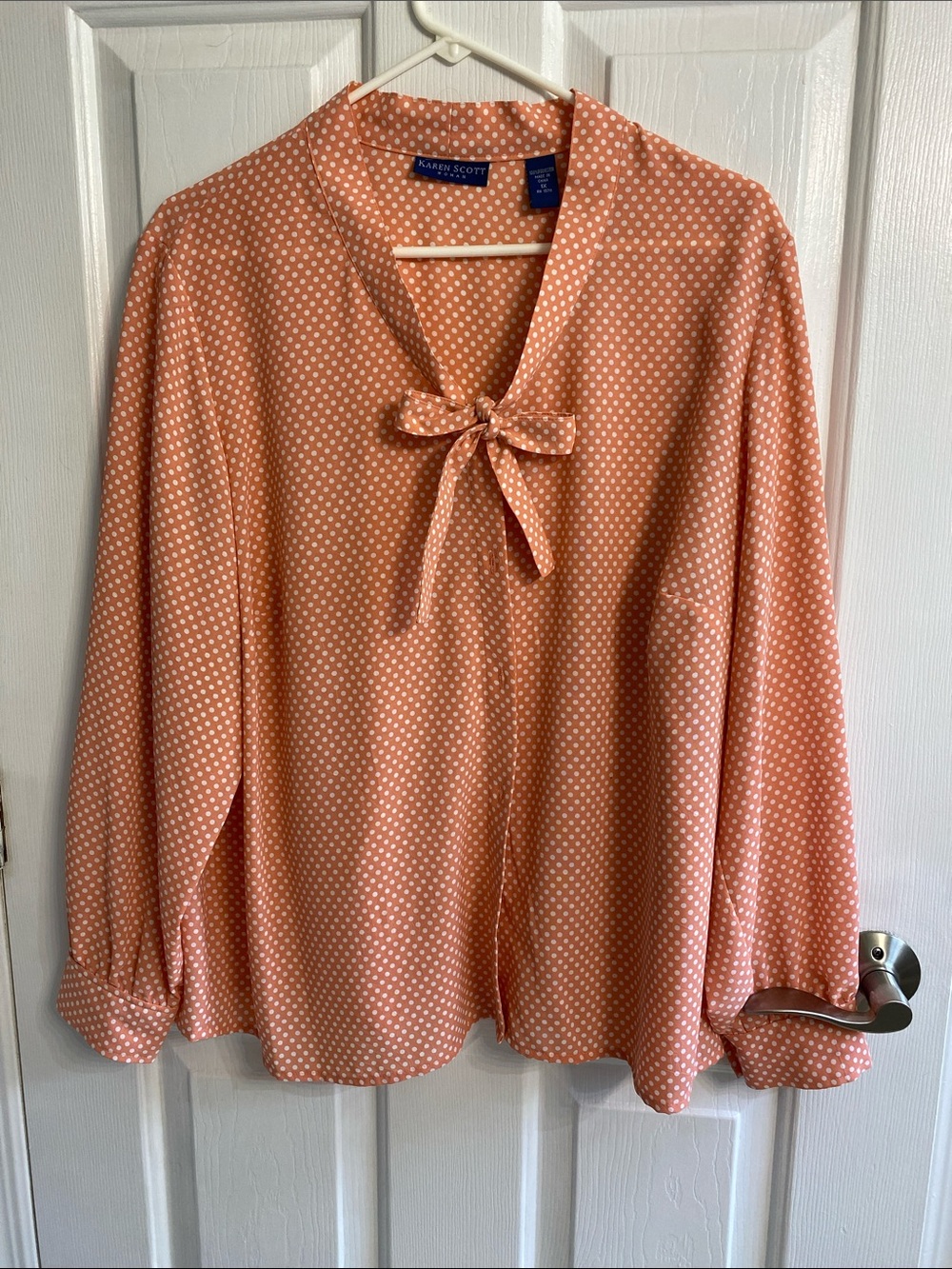 Karen Scott Coral Pink Polka Dot Bow-Neck Blouse
